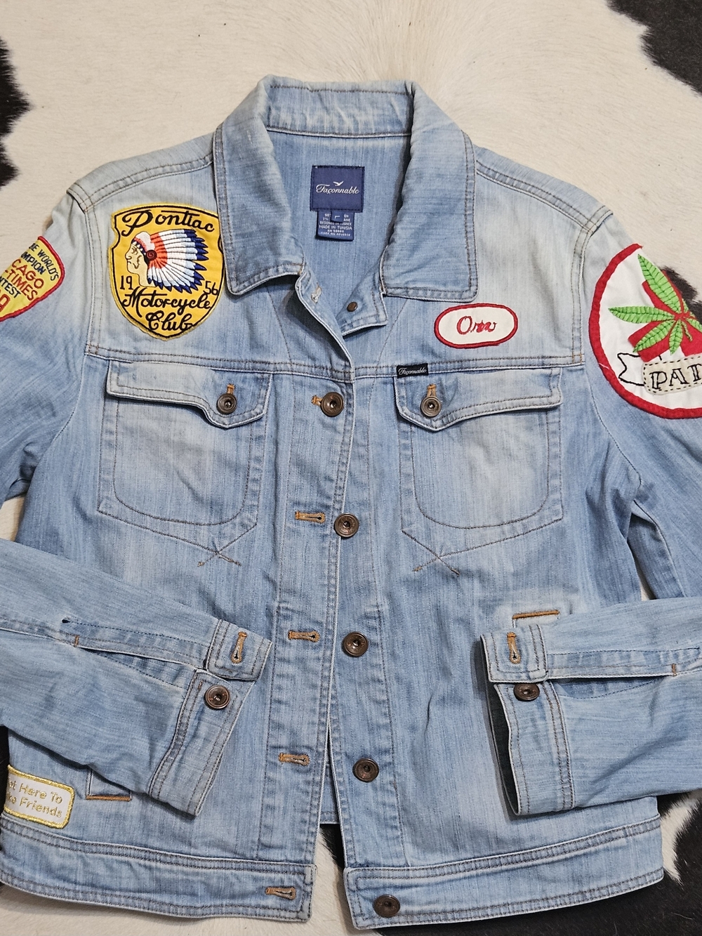 VINTAGE Faconnable OOAK Light Blue Denim Patchwork Jacket custom Sz. L Unisex
